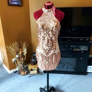 Sleeveless gold cream sequined mini dress